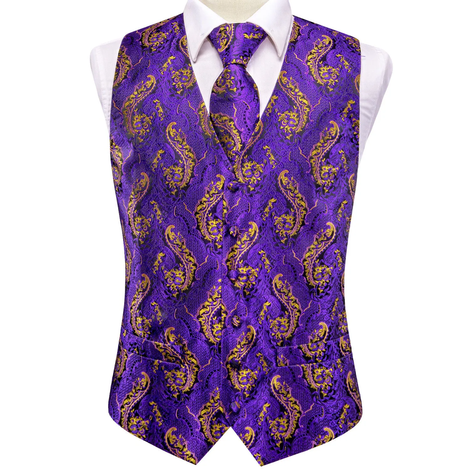 Barry. Wang Purple Gold Paisley Silk Mens Vest Hanky Cufflinks Tie Set Waistcoat Suit Set sold by Barrywang product image thumbnail 4