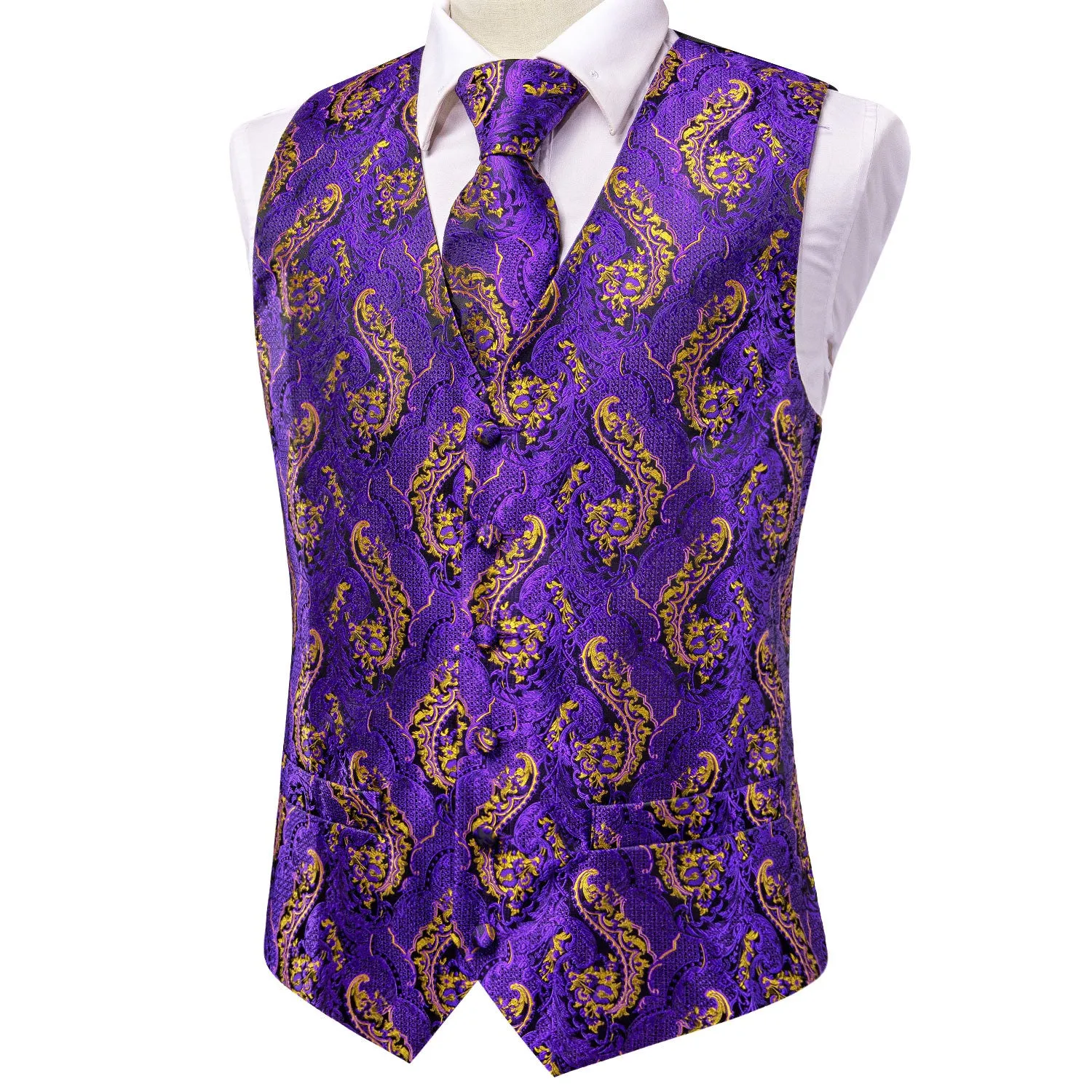 Barry. Wang Purple Gold Paisley Silk Mens Vest Hanky Cufflinks Tie Set Waistcoat Suit Set sold by Barrywang product image thumbnail 3