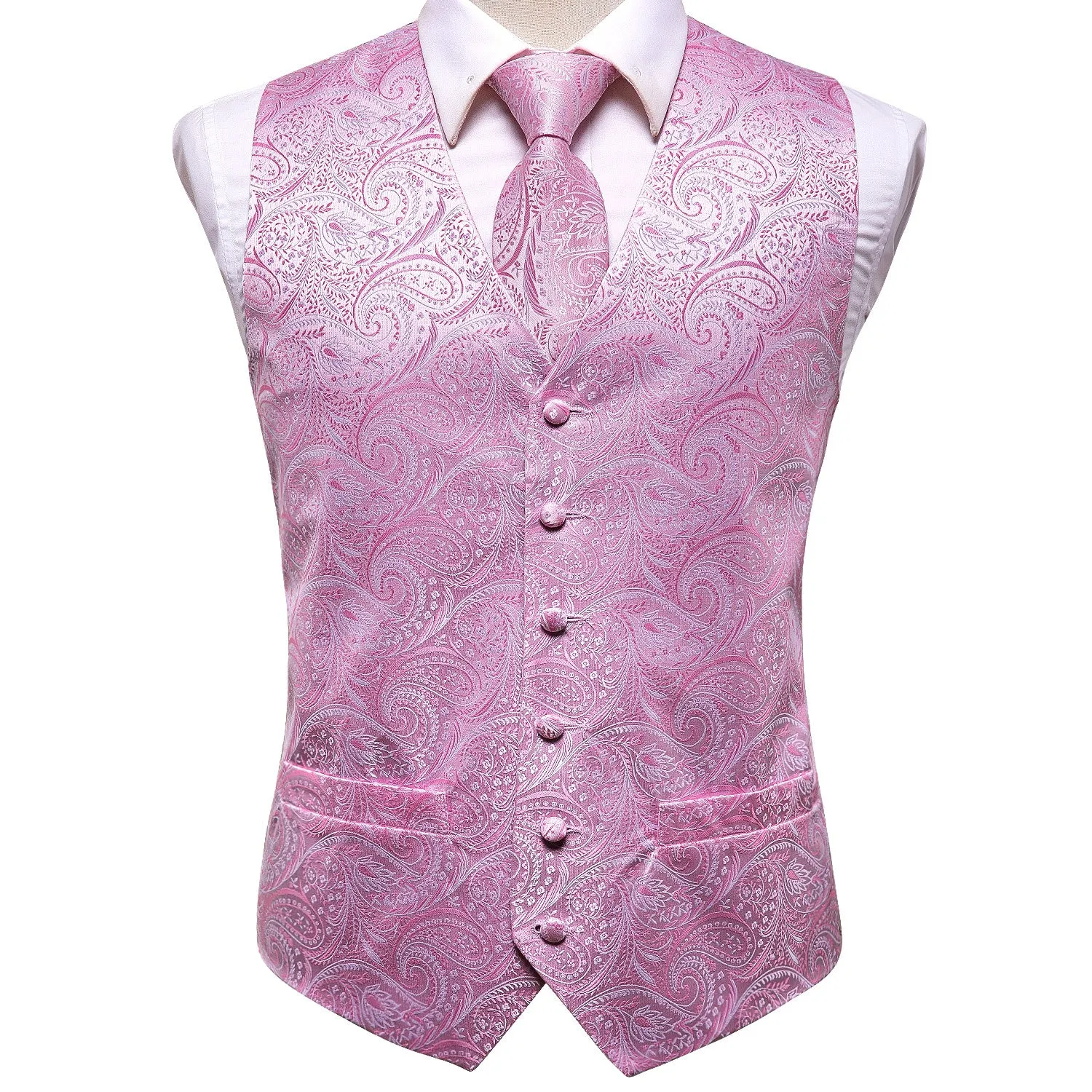 Barry. Wang Pink Paisley Silk Mens Vest Hanky Cufflinks Tie Set Waistcoat Suit Set sold by Barrywang product image thumbnail 3