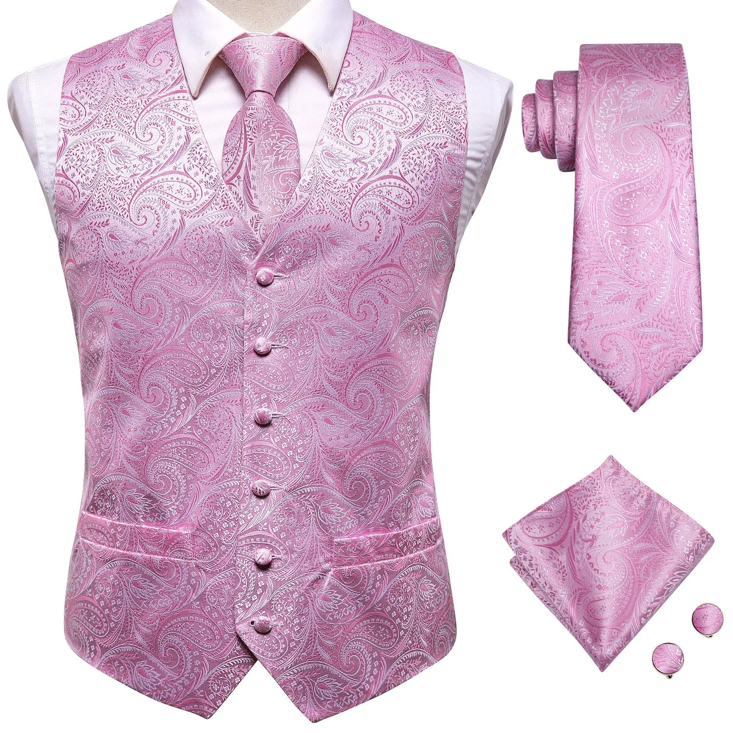 Barry. Wang Pink Paisley Silk Mens Vest Hanky Cufflinks Tie Set Waistcoat Suit Set sold by Barrywang product image thumbnail 4