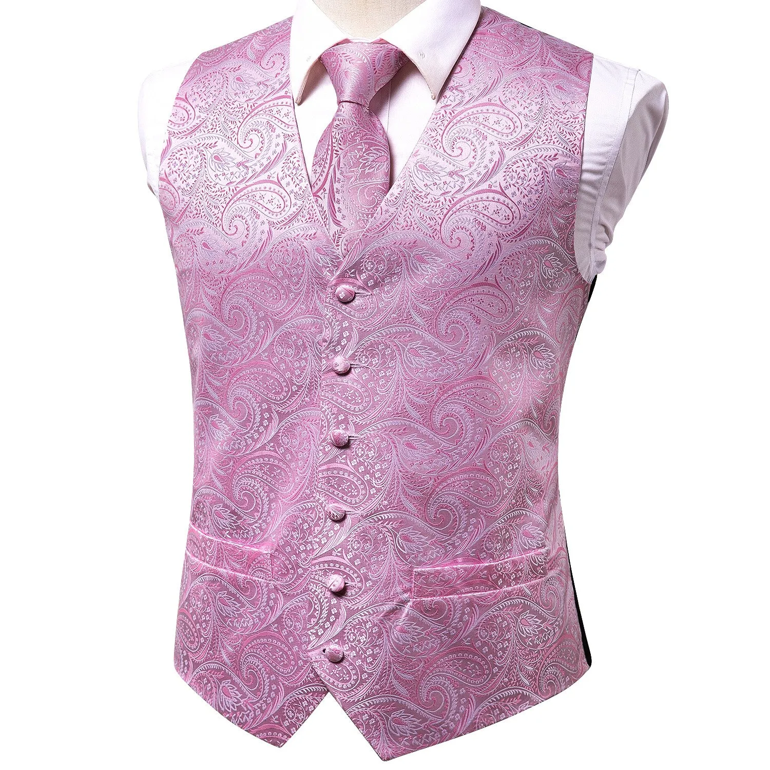 Barry. Wang Pink Paisley Silk Mens Vest Hanky Cufflinks Tie Set Waistcoat Suit Set sold by Barrywang product image thumbnail 2