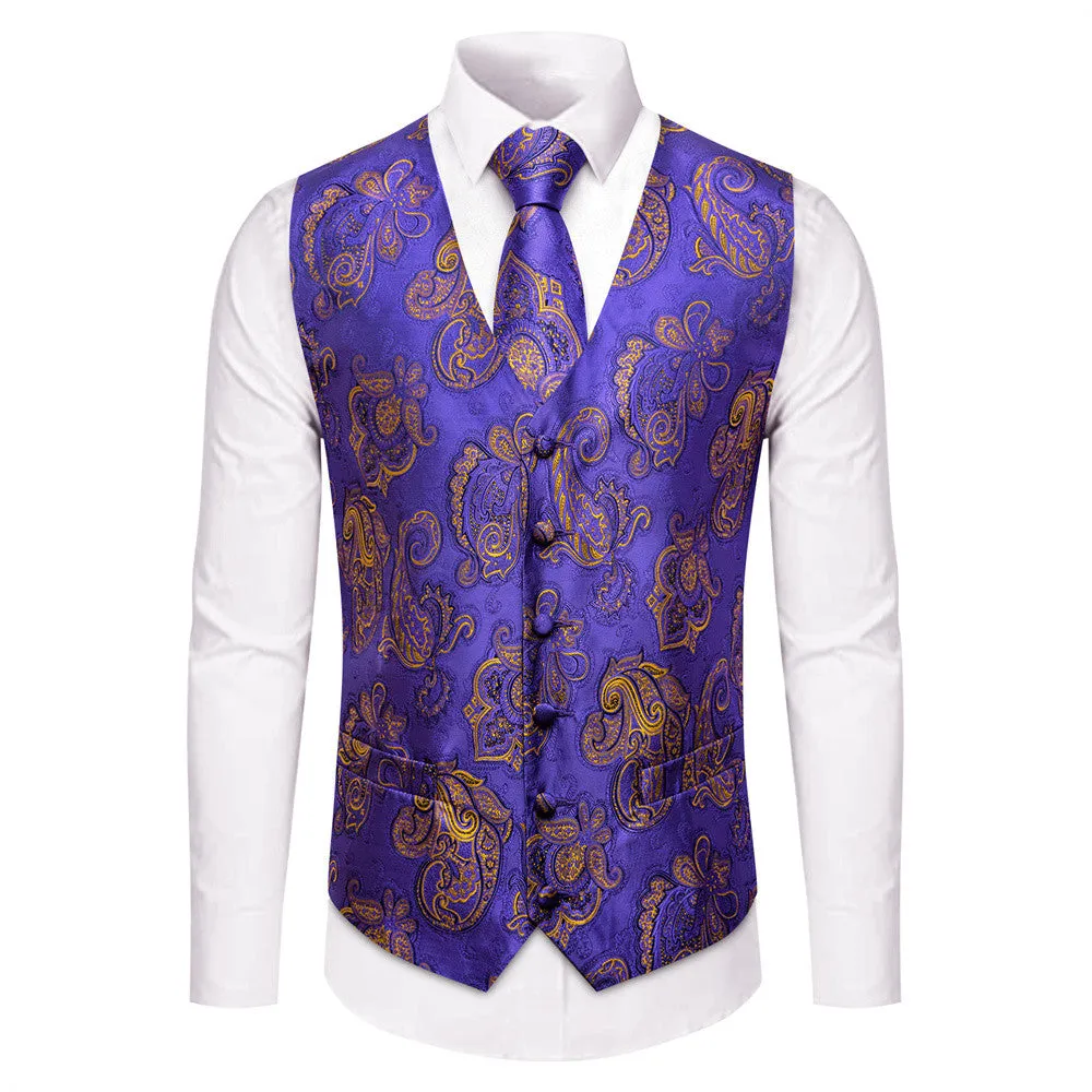 Barry. Wang Purple Paisley Silk Mens Vest Hanky Cufflinks Tie Set Waistcoat Suit Set sold by Barrywang product image thumbnail 2
