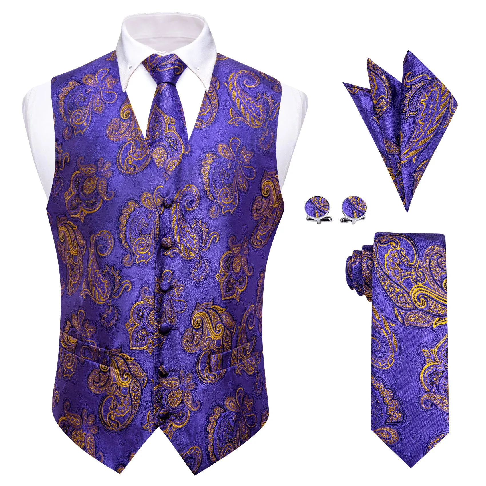 Barry. Wang Purple Paisley Silk Mens Vest Hanky Cufflinks Tie Set Waistcoat Suit Set sold by Barrywang