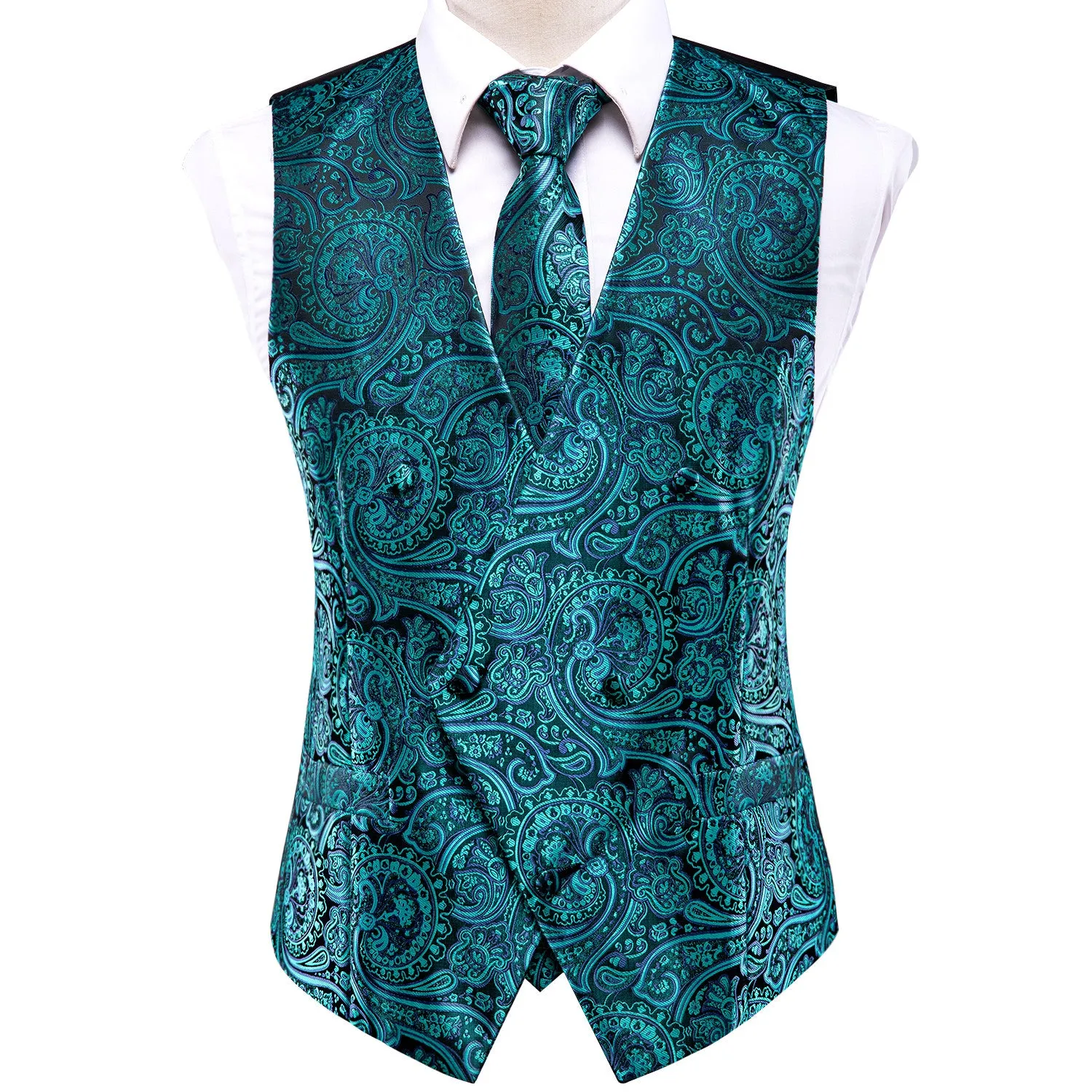 Barry. Wang Teal Paisley Silk Mens Vest Hanky Cufflinks Tie Set Waistcoat Suit Set sold by Barrywang product image thumbnail 2