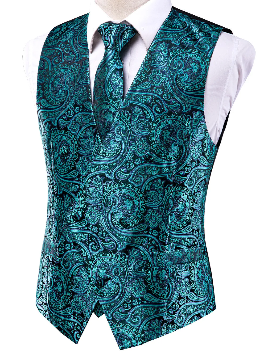 Barry. Wang Teal Paisley Silk Mens Vest Hanky Cufflinks Tie Set Waistcoat Suit Set sold by Barrywang product image thumbnail 3