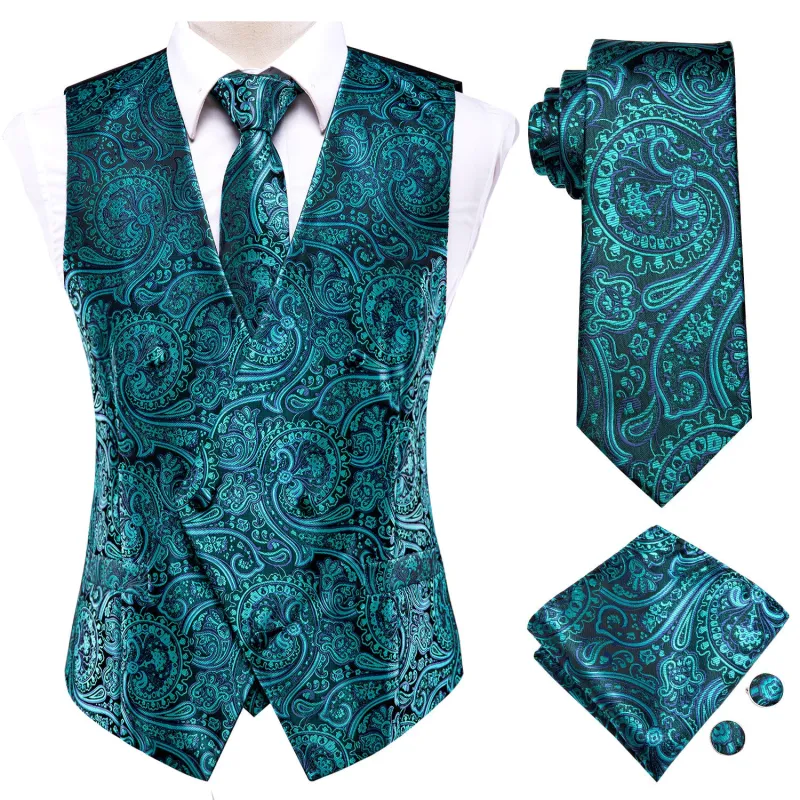 Barry. Wang Teal Paisley Silk Mens Vest Hanky Cufflinks Tie Set Waistcoat Suit Set made by Barrywang