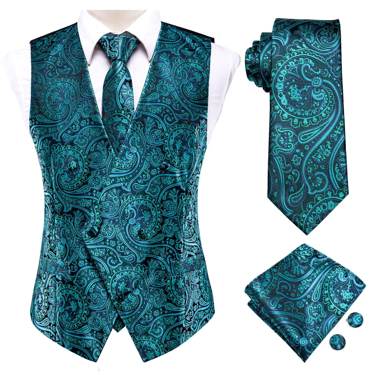 Barry. Wang Teal Paisley Silk Mens Vest Hanky Cufflinks Tie Set Waistcoat Suit Set sold by Barrywang