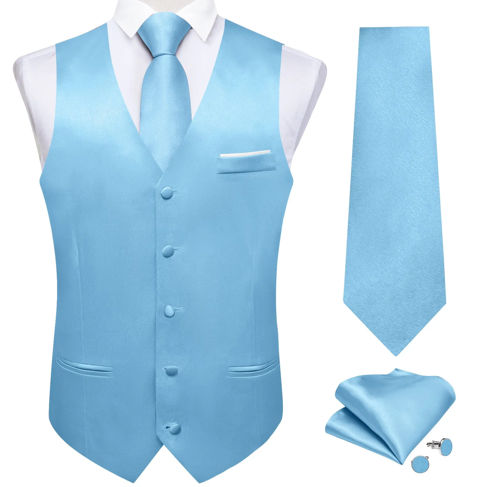 Barry. Wang Sky Blue Solid Mens Vest Hanky Cufflinks Tie Set Waistcoat Suit Set sold by Barrywang product image thumbnail 4
