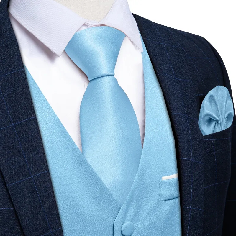 Barry. Wang Sky Blue Solid Mens Vest Hanky Cufflinks Tie Set Waistcoat Suit Set made by Barrywang