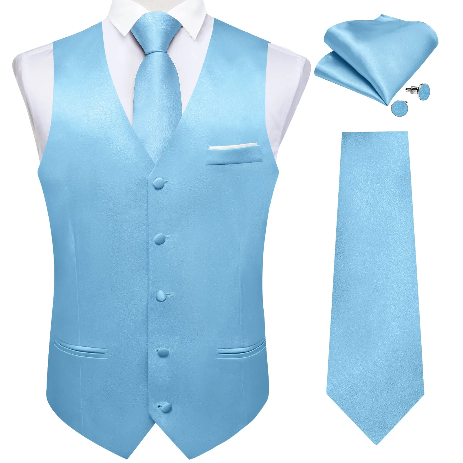 Barry. Wang Sky Blue Solid Mens Vest Hanky Cufflinks Tie Set Waistcoat Suit Set sold by Barrywang product image thumbnail 5
