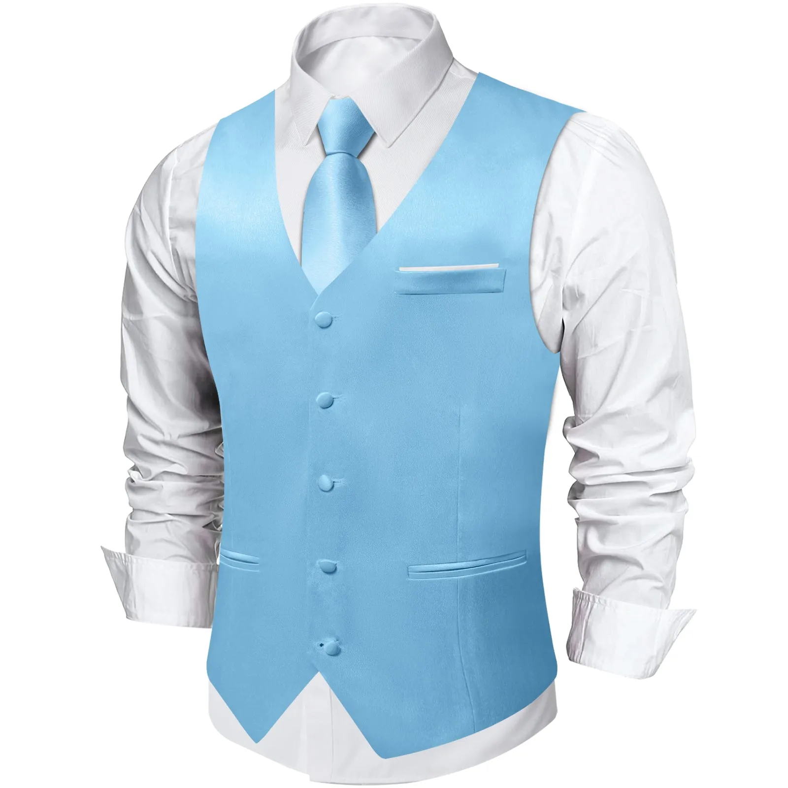 Barry. Wang Sky Blue Solid Mens Vest Hanky Cufflinks Tie Set Waistcoat Suit Set sold by Barrywang product image thumbnail 2