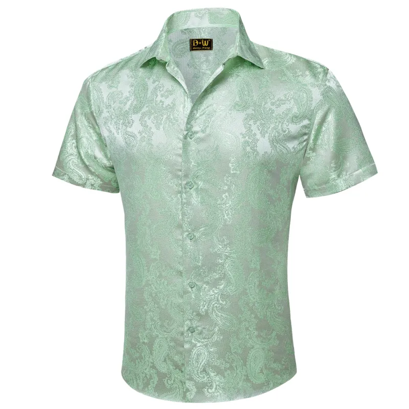 Barry. Wang Sage Green Wedding Shirt for Men Paisley Silk Jacquard Short Sleeve Prom Dress Shirt made by Barrywang