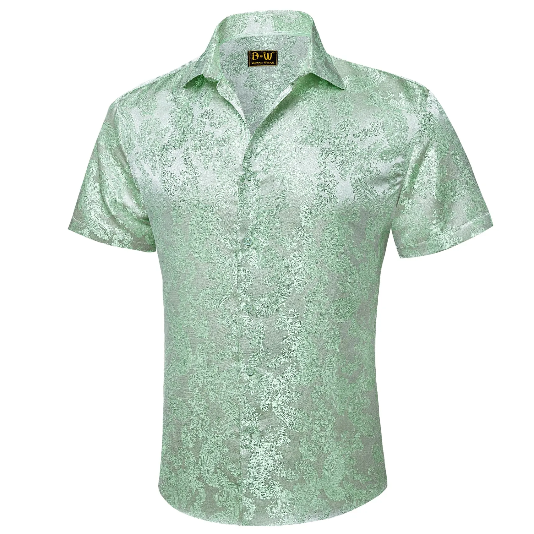 Barry. Wang Sage Green Wedding Shirt for Men Paisley Silk Jacquard Short Sleeve Prom Dress Shirt sold by Barrywang