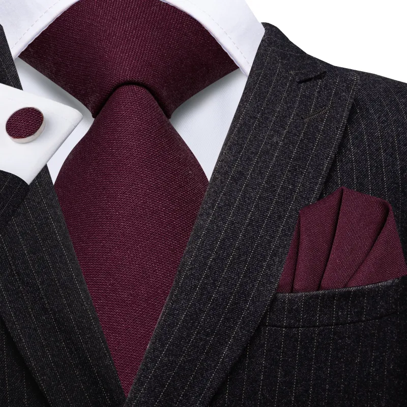 Barry. Wang Burgundy Solid Mens Tie Set Linen Blend Necktie Hanky Cufflinks for Prom Suit made by Barrywang