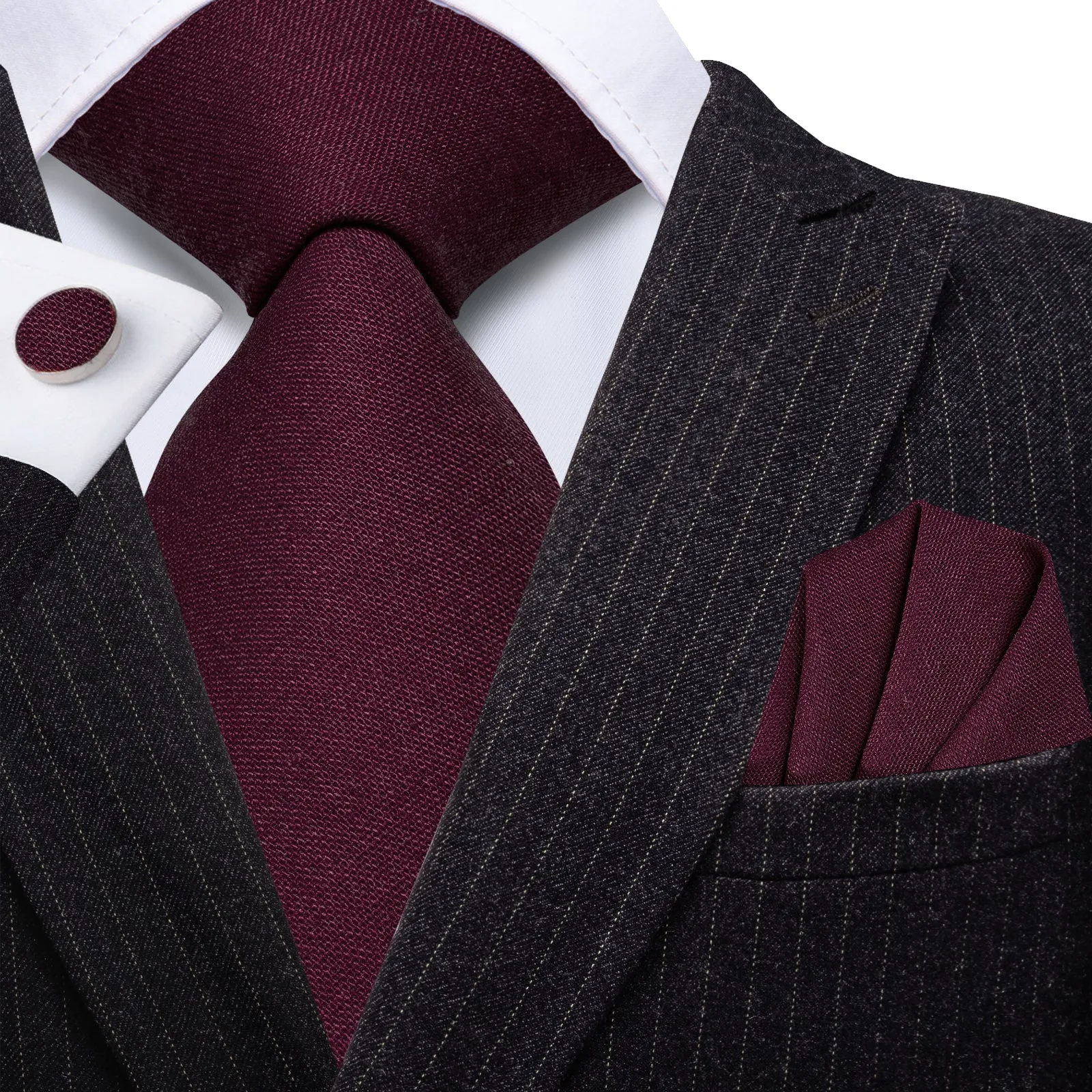 Barry. Wang Burgundy Solid Mens Tie Set Linen Blend Necktie Hanky Cufflinks for Prom Suit sold by Barrywang
