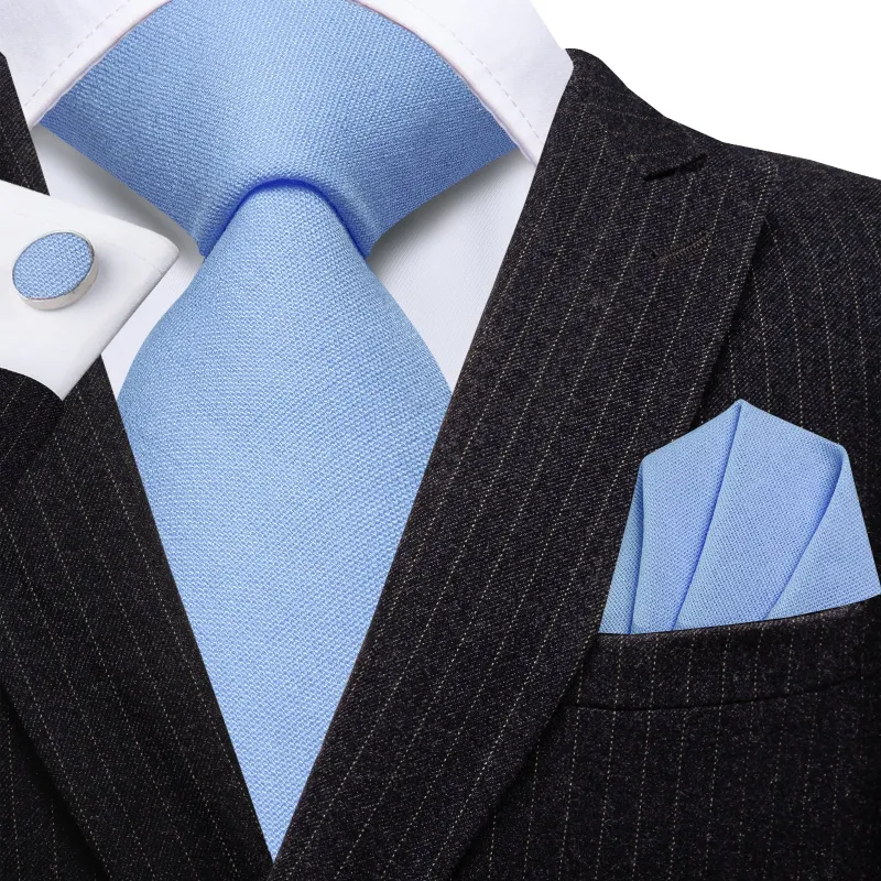 Barry. Wang Sky Blue Necktie for Summer Wedding Linen Blend Necktie Hanky Cufflinks for Formal made by Barrywang
