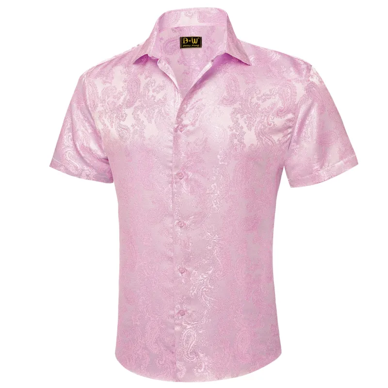 Barry. Wang Men's Pink Paisley Short Sleeve Shirt Silk Jacquard Woven Button Down Casual Shirt made by Barrywang
