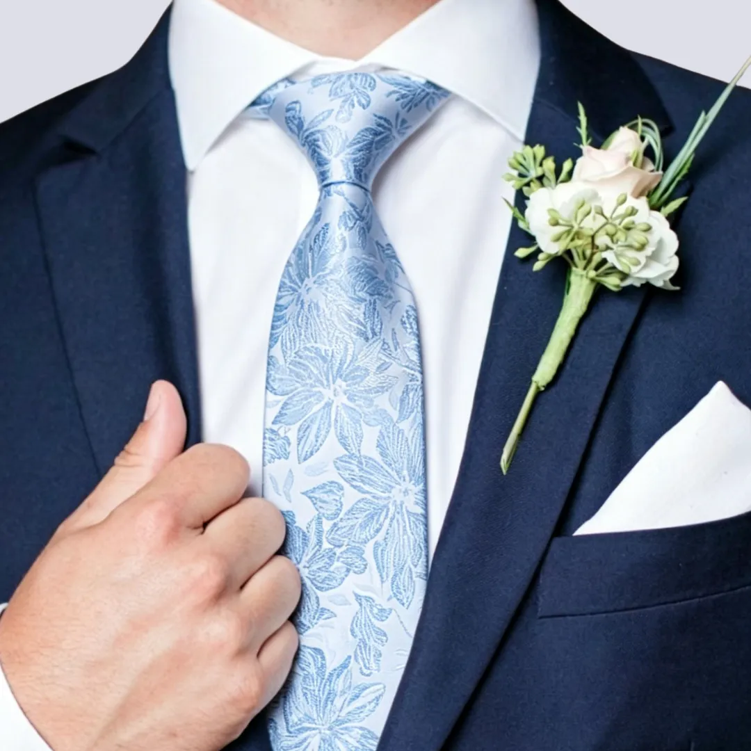 Barry. Wang Icy Blue Floral Necktie Silk Groomsmen Tie Handkerchief Cufflinks Set sold by Barrywang product image thumbnail 2