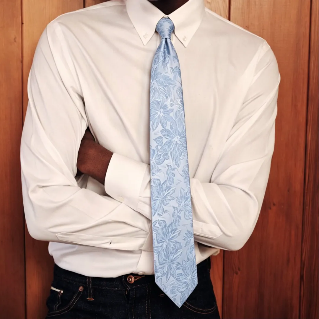 Barry. Wang Icy Blue Floral Necktie Silk Groomsmen Tie Handkerchief Cufflinks Set sold by Barrywang product image thumbnail 3