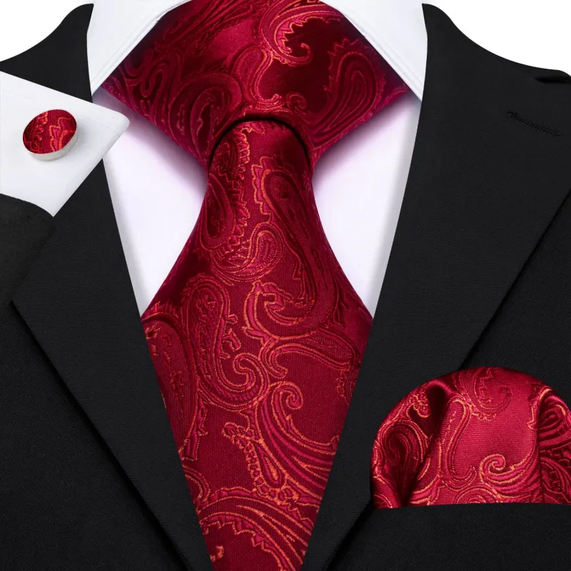 Barry. Wang Red Paisley Tie for Men Formal Suit Tie Handkerchief Cufflinks Set made by Barrywang