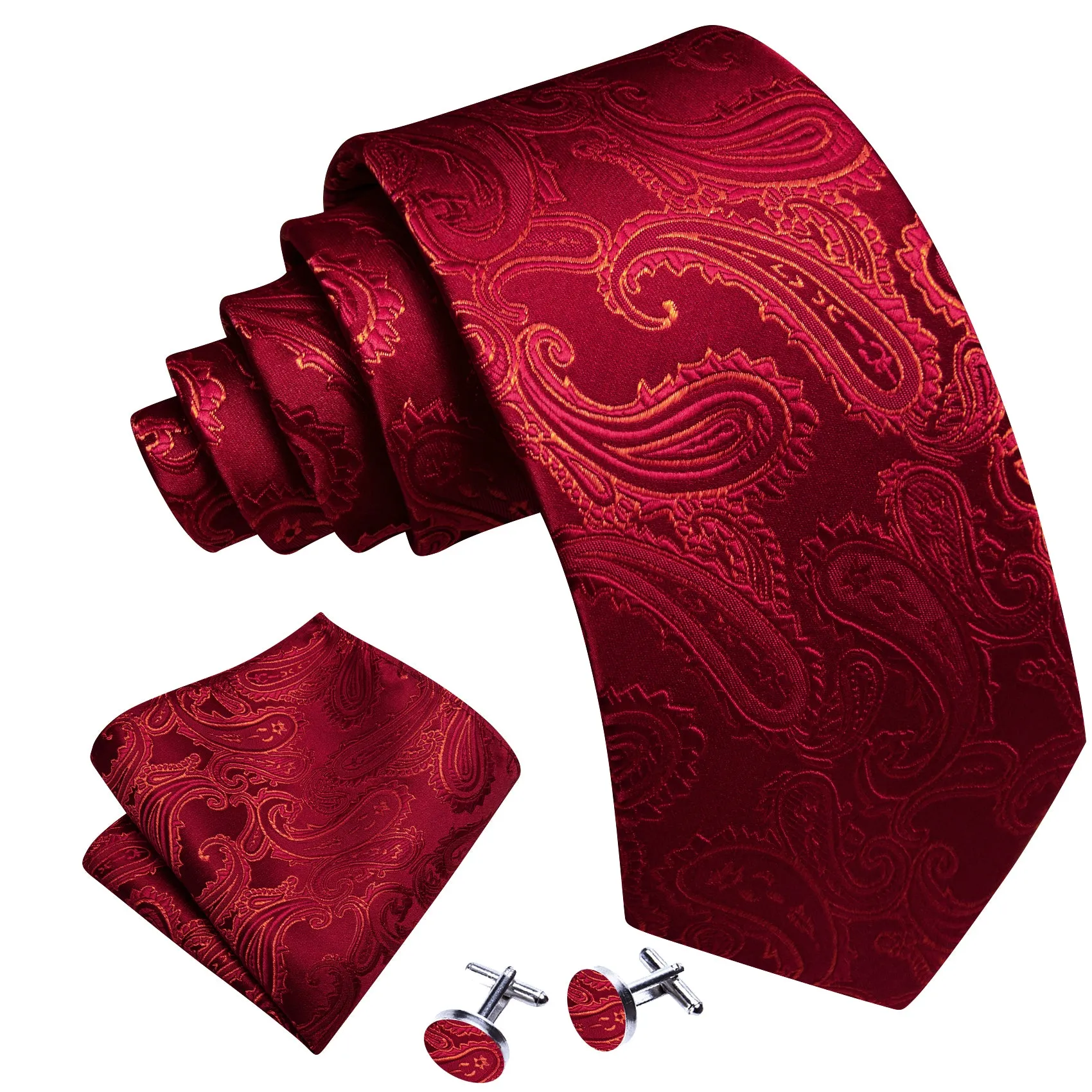 Barry. Wang Red Paisley Tie for Men Formal Suit Tie Handkerchief Cufflinks Set sold by Barrywang product image thumbnail 3