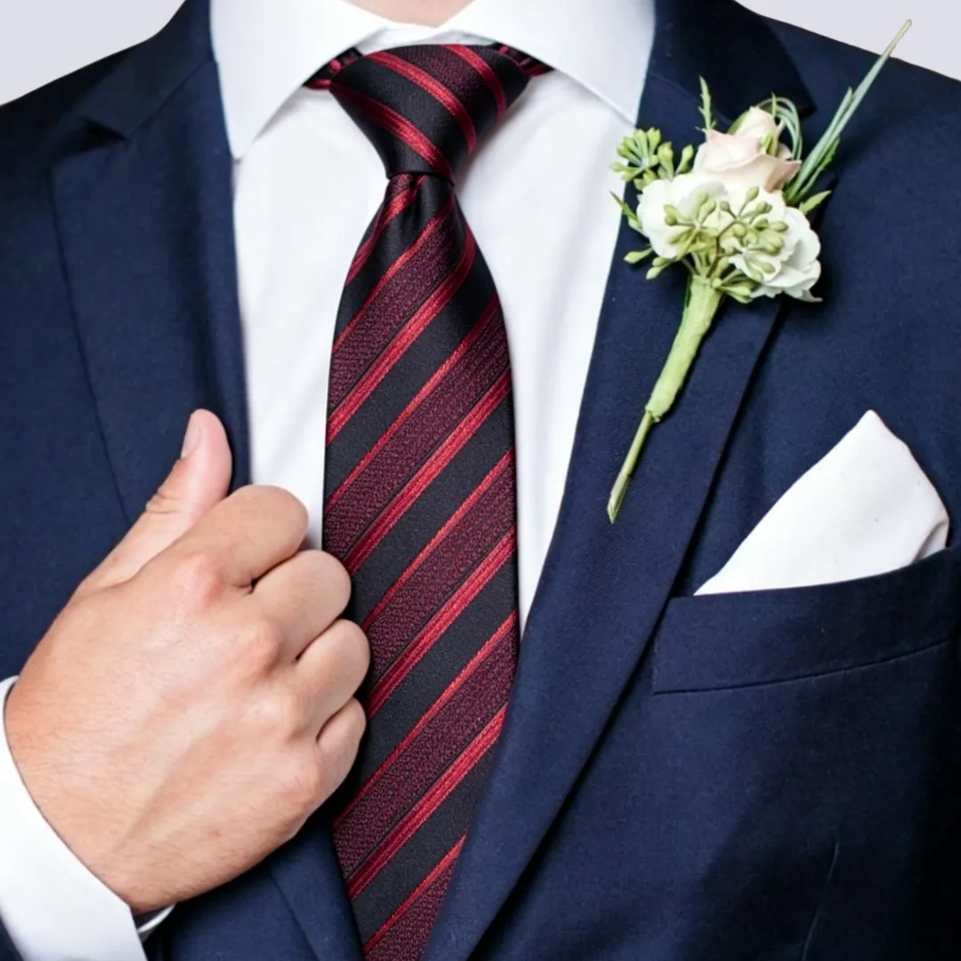 Barry. Wang Red Striped Tie Silk Formal Work Tie Pocket Square Cufflinks Set sold by Barrywang product image thumbnail 2
