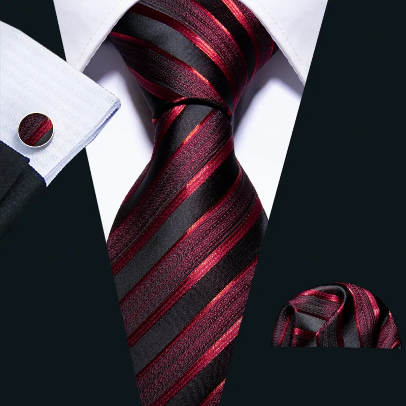 Barry. Wang Red Striped Tie Silk Formal Work Tie Pocket Square Cufflinks Set made by Barrywang