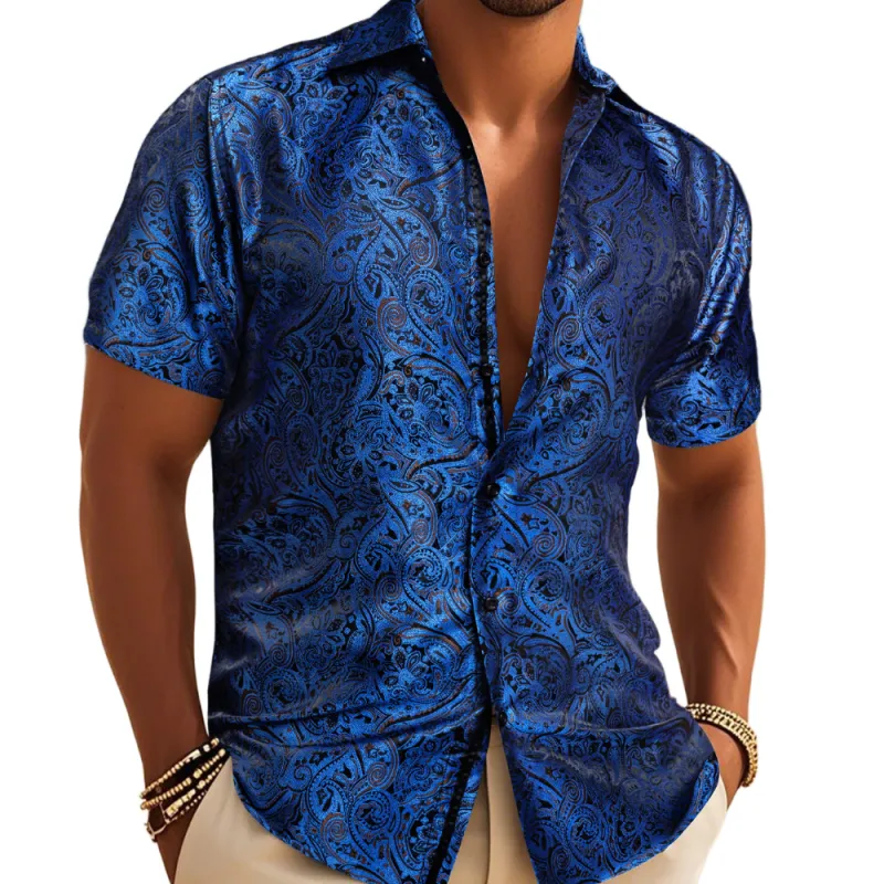Barry. Wang Mens Blue Paisley Dress Shirt Jacquard Summer Short Sleeve Shirt made by Barrywang