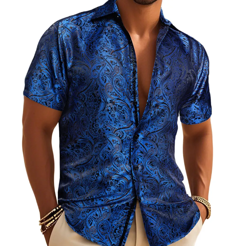 Barry. Wang Mens Blue Paisley Dress Shirt Jacquard Summer Short Sleeve Shirt sold by Barrywang