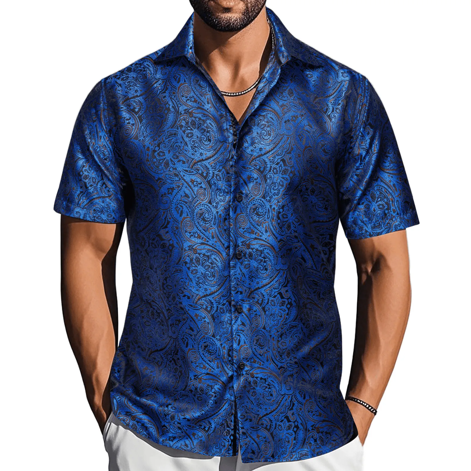 Barry. Wang Mens Blue Paisley Dress Shirt Jacquard Summer Short Sleeve Shirt sold by Barrywang product image thumbnail 2