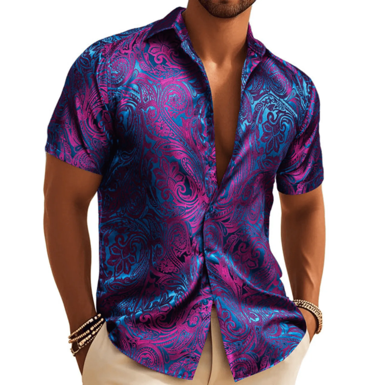 Barry. Wang Mens Purple Paisley Short Sleeve Shirt Summer Beach Button Up Shirt sold by Barrywang