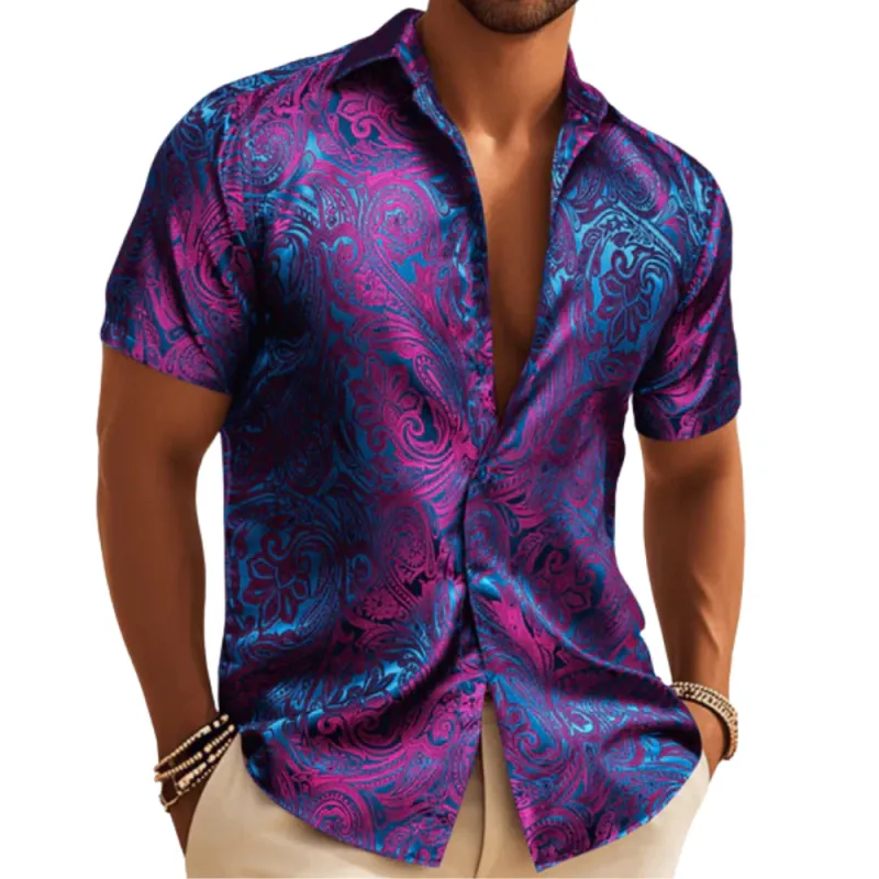 Barry. Wang Mens Purple Paisley Short Sleeve Shirt Summer Beach Button Up Shirt made by Barrywang