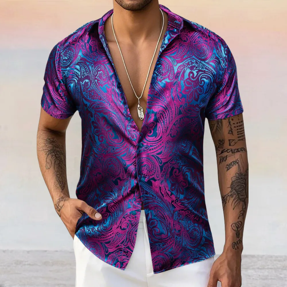 Barry. Wang Mens Purple Paisley Short Sleeve Shirt Summer Beach Button Up Shirt sold by Barrywang product image thumbnail 2