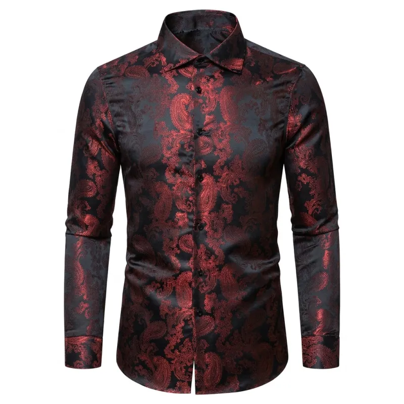 Barry. Wang Men's Evening Formal Long Sleeve Shirt Anti Wrinkle Black Red Paisley Jacquard Top made by Barrywang