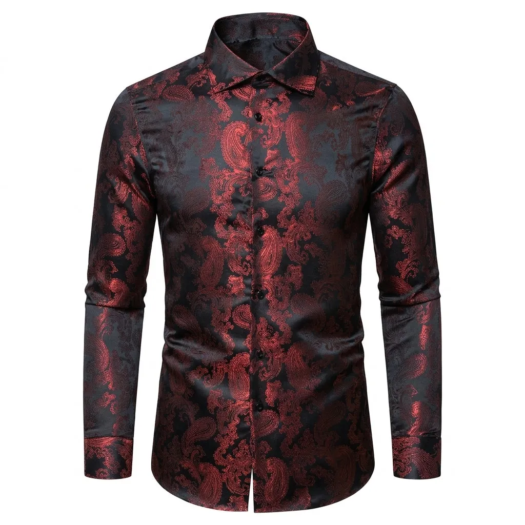 Barry. Wang Men's Evening Formal Long Sleeve Shirt Anti Wrinkle Black Red Paisley Jacquard Top sold by Barrywang