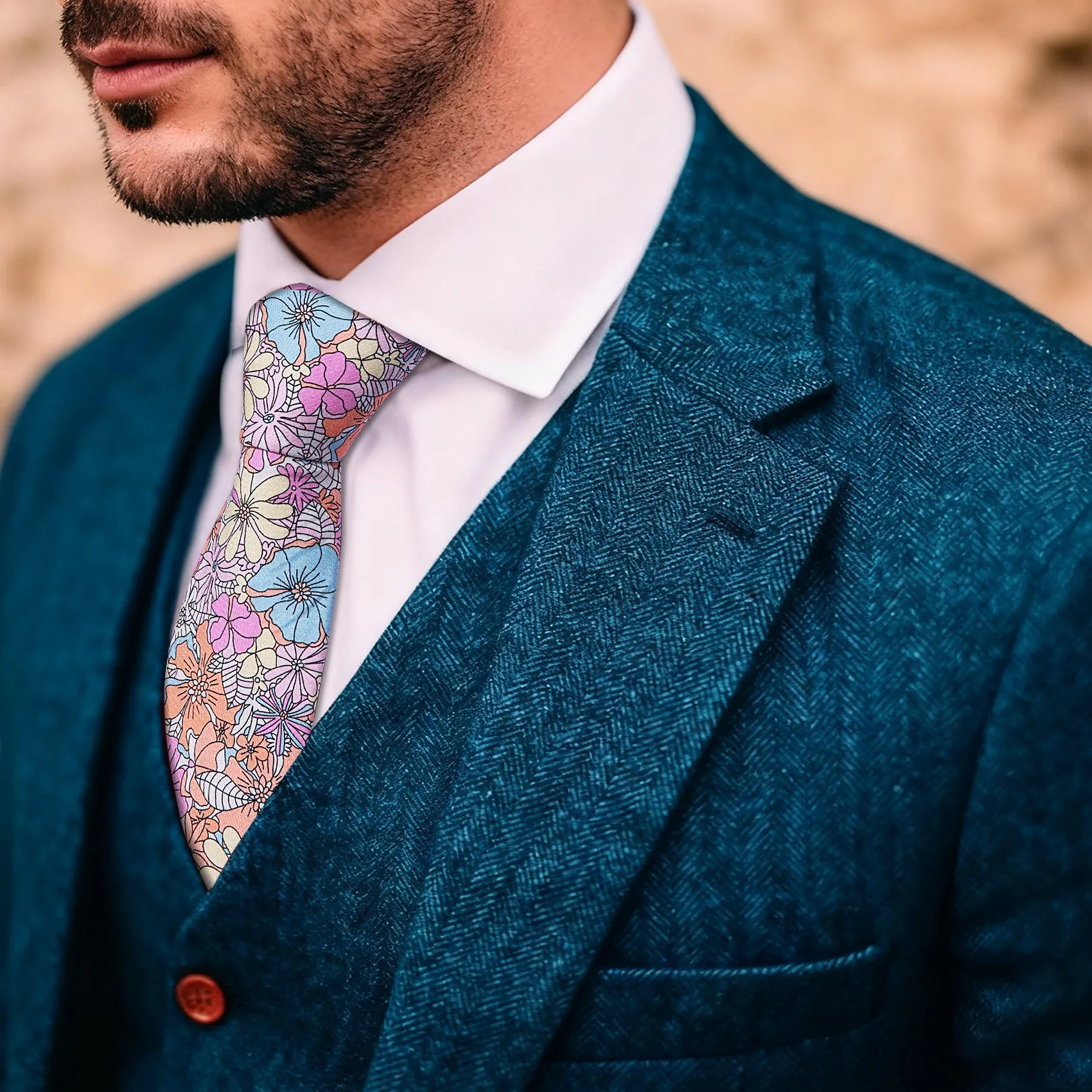 Barry. Wang 2.75" Slim Necktie for Wedding Party Pastel Multi-Color Cotton Floral Beach Tie sold by Barrywang product image thumbnail 3
