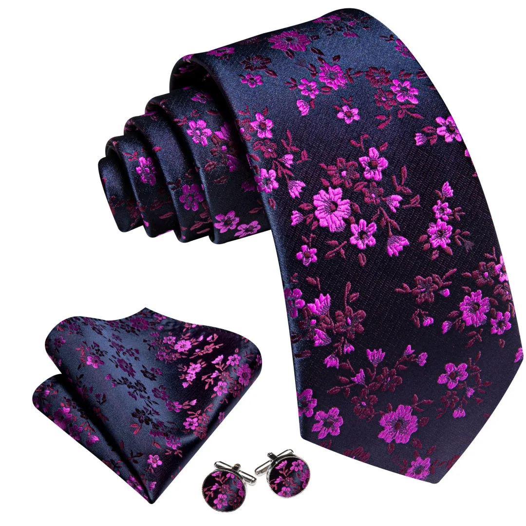 Barry. Wang Hot Pink Floral Men's Tie Set Blue Textured Necktie Hanky Cufflinks for Formal Wedding Suit sold by Barrywang product image thumbnail 2