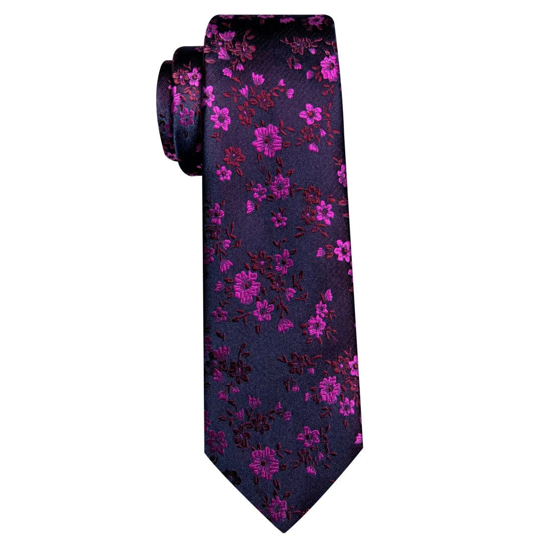 Barry. Wang Hot Pink Floral Men's Tie Set Blue Textured Necktie Hanky Cufflinks for Formal Wedding Suit sold by Barrywang product image thumbnail 4
