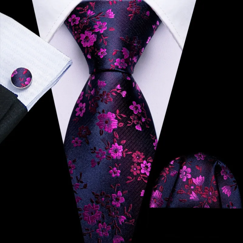 Barry. Wang Hot Pink Floral Men's Tie Set Blue Textured Necktie Hanky Cufflinks for Formal Wedding Suit made by Barrywang