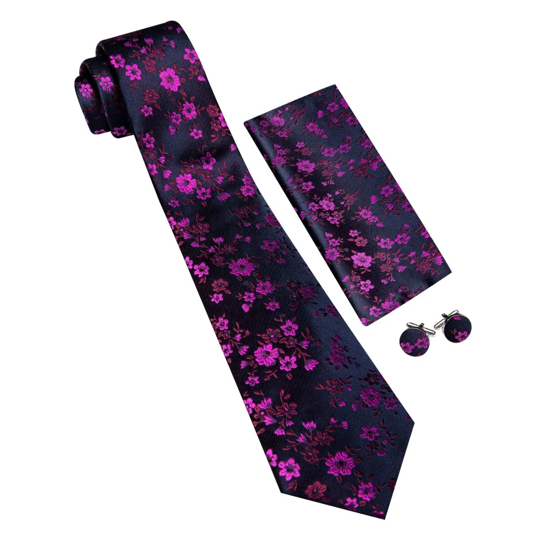Barry. Wang Hot Pink Floral Men's Tie Set Blue Textured Necktie Hanky Cufflinks for Formal Wedding Suit sold by Barrywang product image thumbnail 3