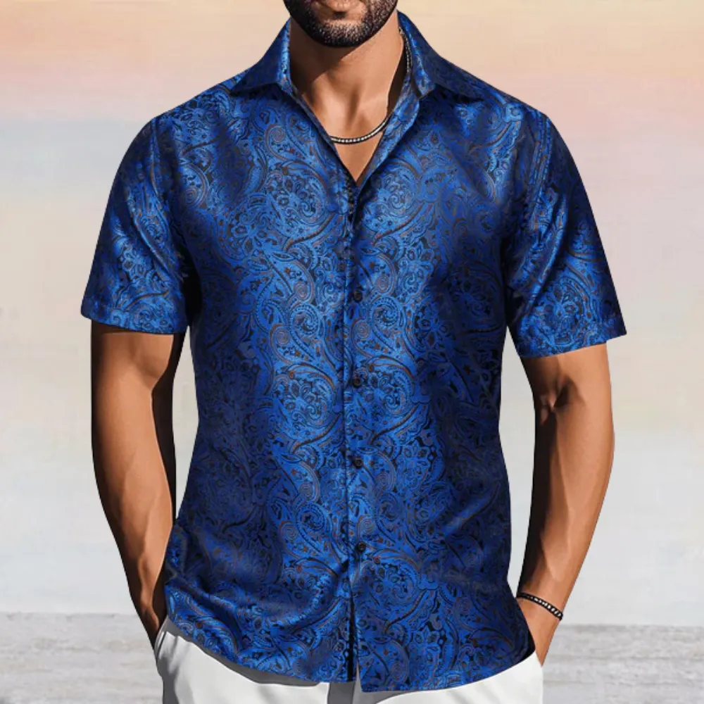 Barry. Wang Men's Royal Blue Paisley Short Sleeve Shirt Silk Jacquard Woven Button Down Casual Shirt sold by Barrywang product image thumbnail 2