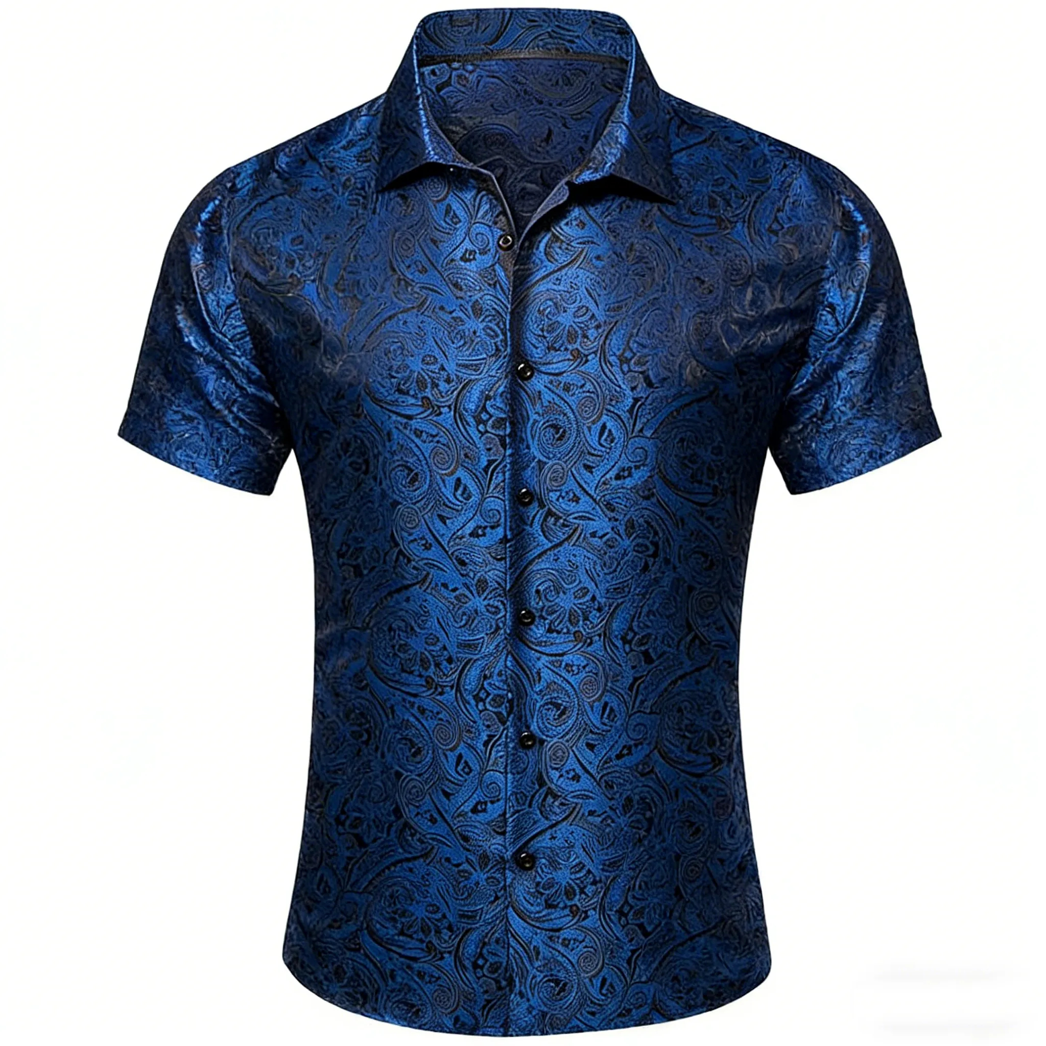 Barry. Wang Men's Royal Blue Paisley Short Sleeve Shirt Silk Jacquard Woven Button Down Casual Shirt sold by Barrywang product image thumbnail 5