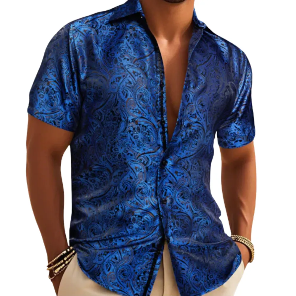 Barry. Wang Men's Royal Blue Paisley Short Sleeve Shirt Silk Jacquard Woven Button Down Casual Shirt sold by Barrywang