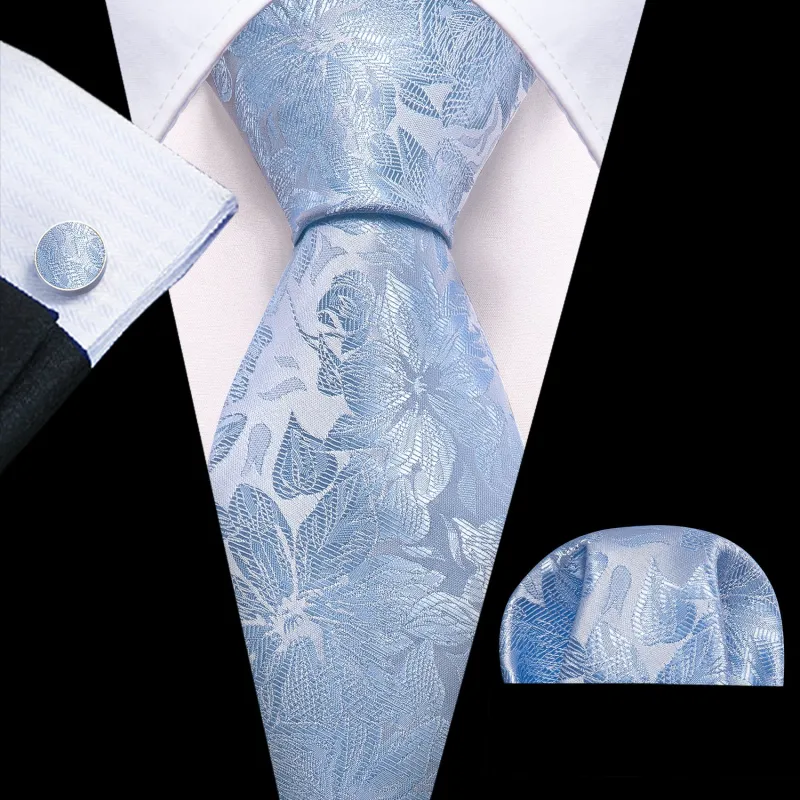Barry. Wang Sky Blue Men's Tie Set Floral Textured Necktie Hanky Cufflinks for Formal Wedding Suit made by Barrywang