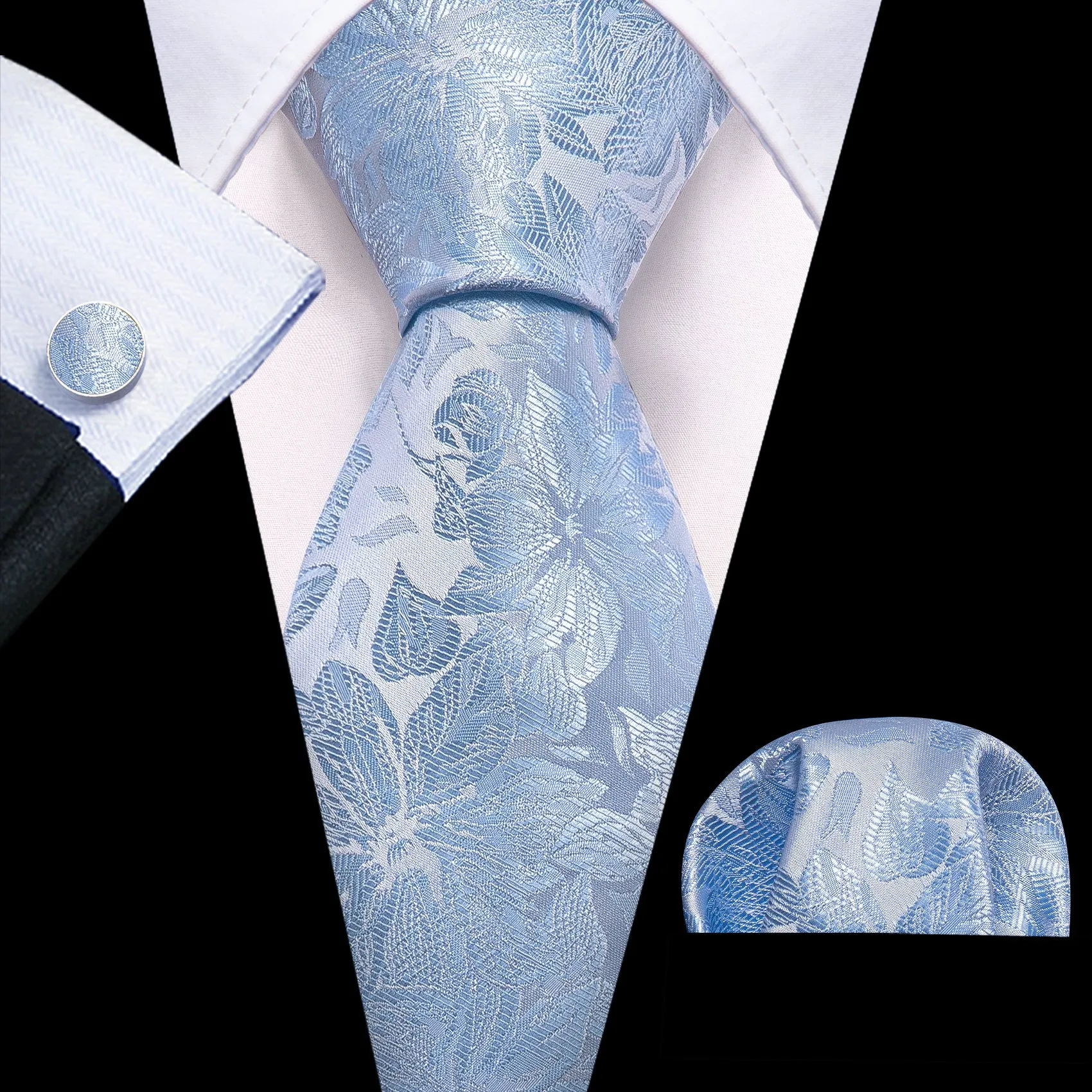 Barry. Wang Sky Blue Men's Tie Set Floral Textured Necktie Hanky Cufflinks for Formal Wedding Suit sold by Barrywang