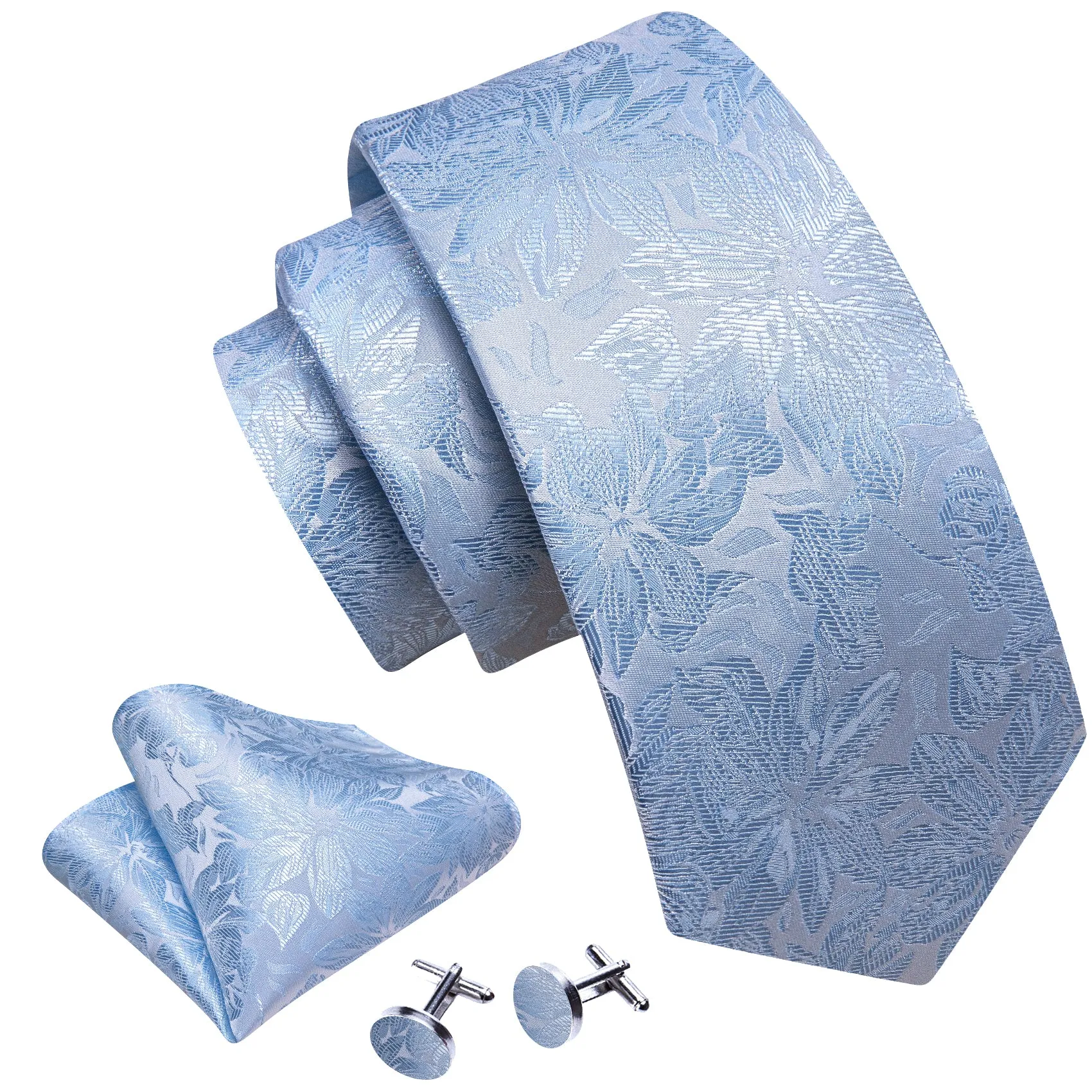 Barry. Wang Sky Blue Men's Tie Set Floral Textured Necktie Hanky Cufflinks for Formal Wedding Suit sold by Barrywang product image thumbnail 2