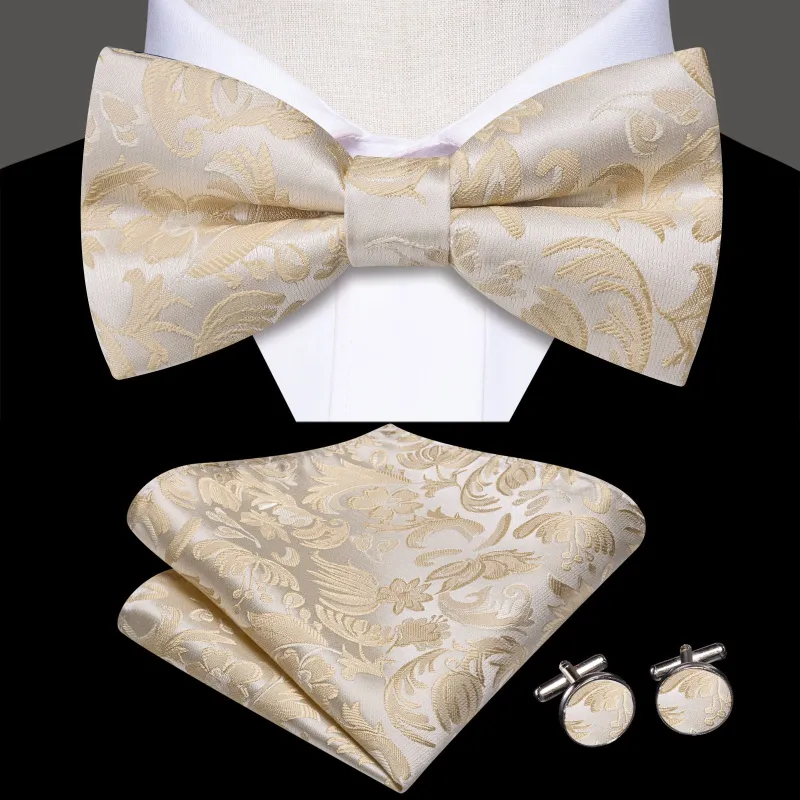 Barry. Wang Champagne Vintage Bow Tie Set Silk Pre-tied Hanky Cufflinks Grooms Wedding Party made by Barrywang