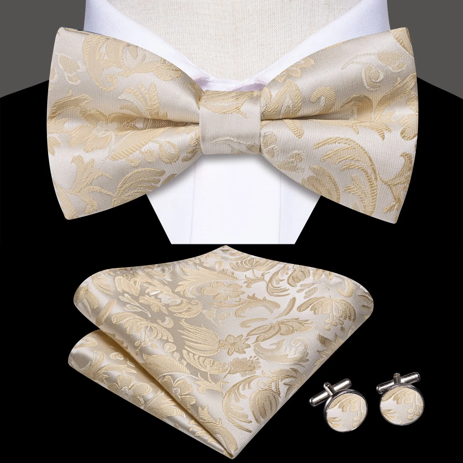 Barry. Wang Champagne Vintage Bow Tie Set Silk Pre-tied Hanky Cufflinks Grooms Wedding Party sold by Barrywang