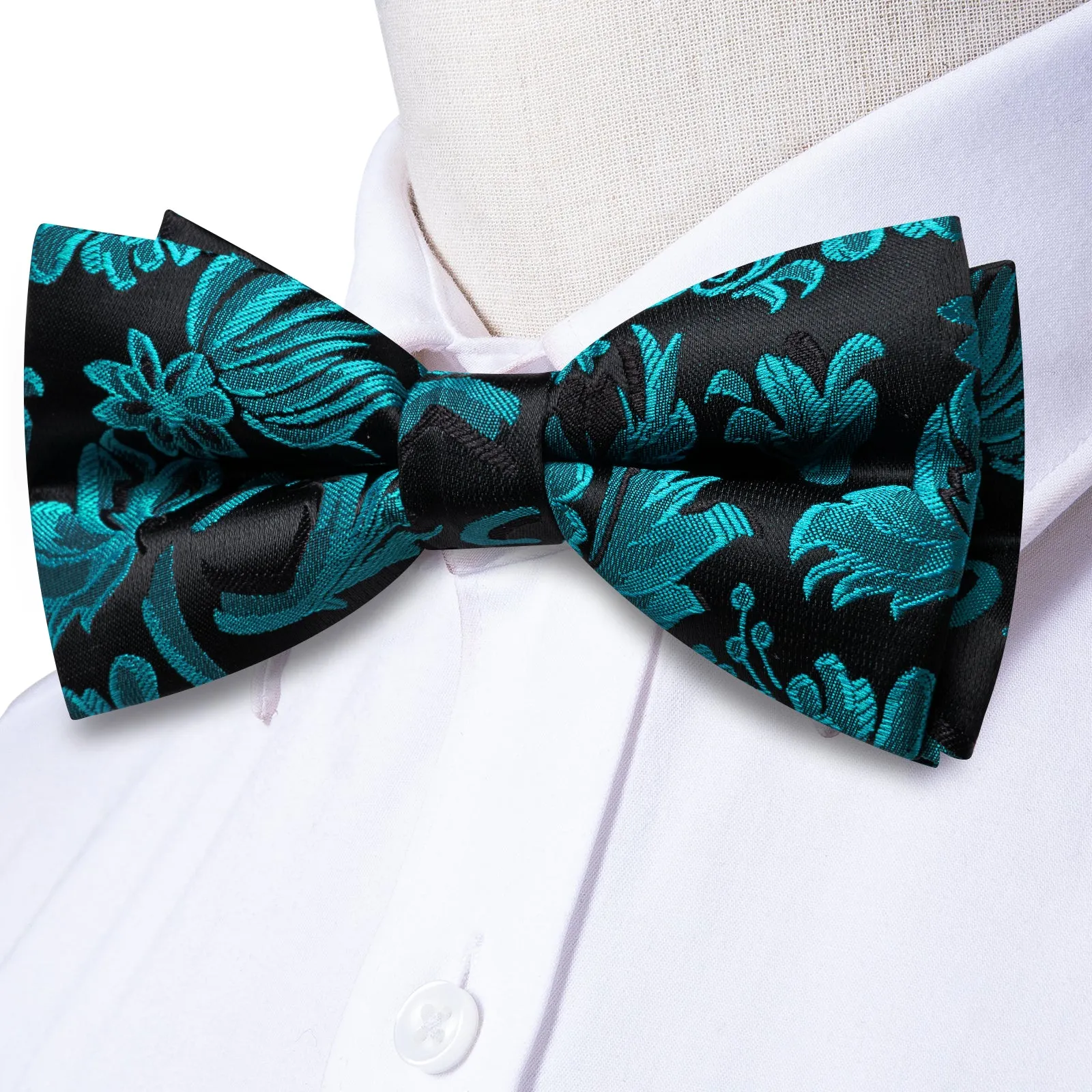 Barry. Wang Silk Jacquard Teal Bow Tie Set Pre-tied Mens Hanky Cufflinks Elegant Evening Wear sold by Barrywang product image thumbnail 3