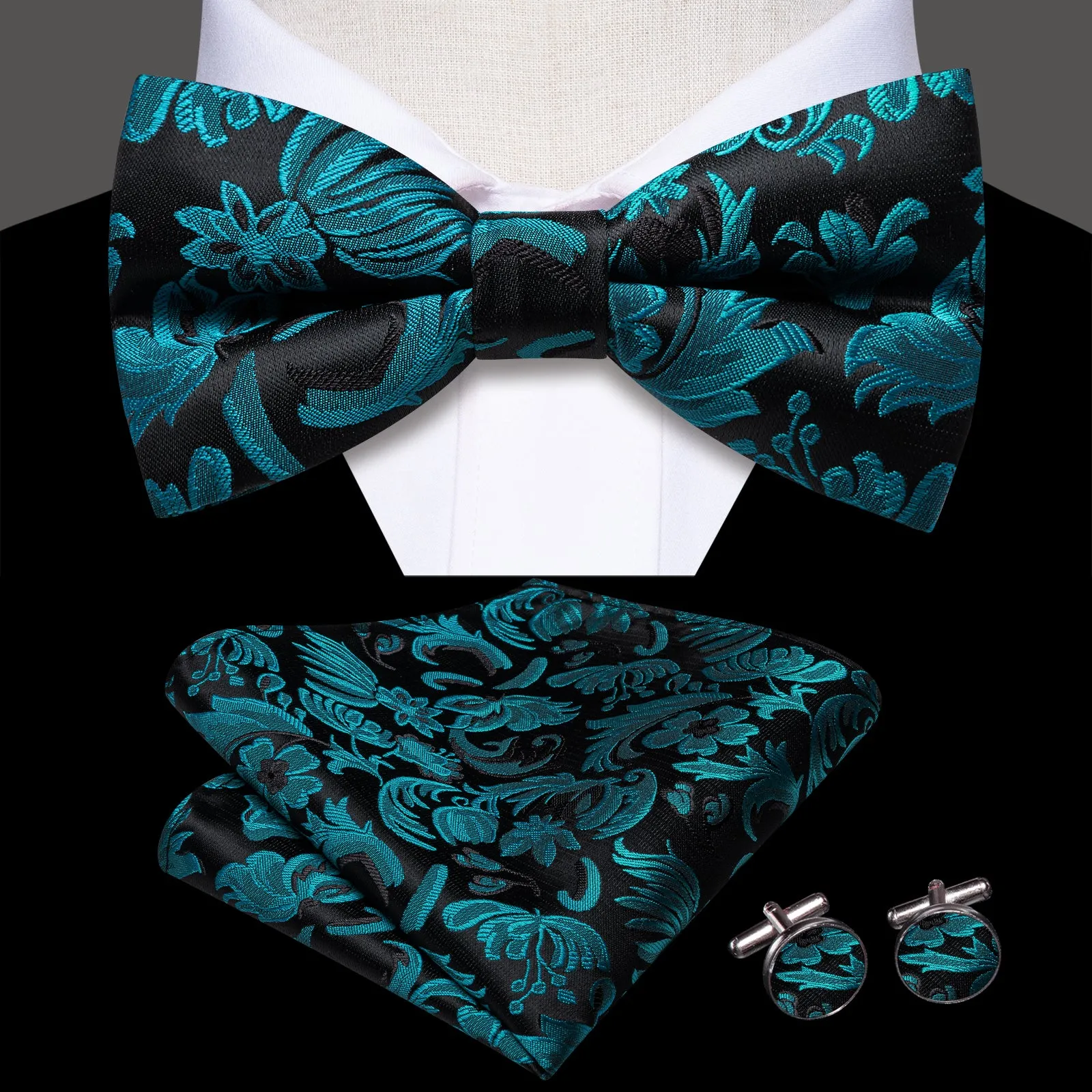 Barry. Wang Silk Jacquard Teal Bow Tie Set Pre-tied Mens Hanky Cufflinks Elegant Evening Wear sold by Barrywang